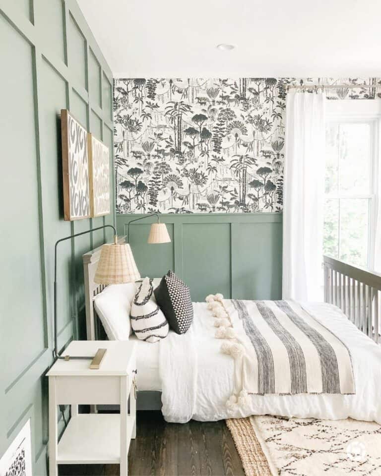 Woodland Wallpaper and Green Paneling in Bedroom