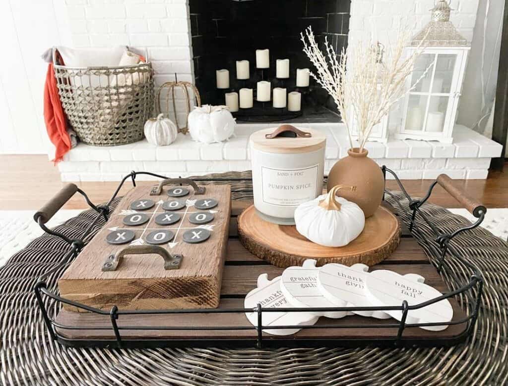 A White Pumpkin in a Wood and Metal Tray