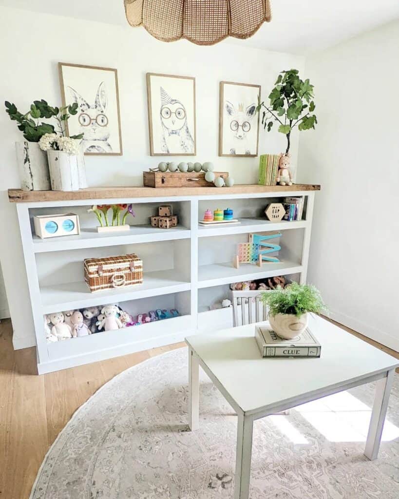 Animal Drawings Above Playroom Storage Shelves