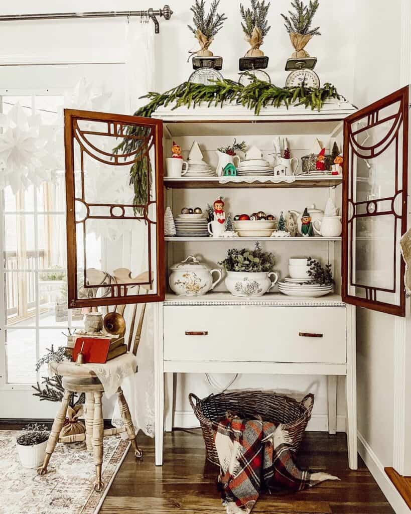 Antique White Hutch with Vintage Christmas Decorations
