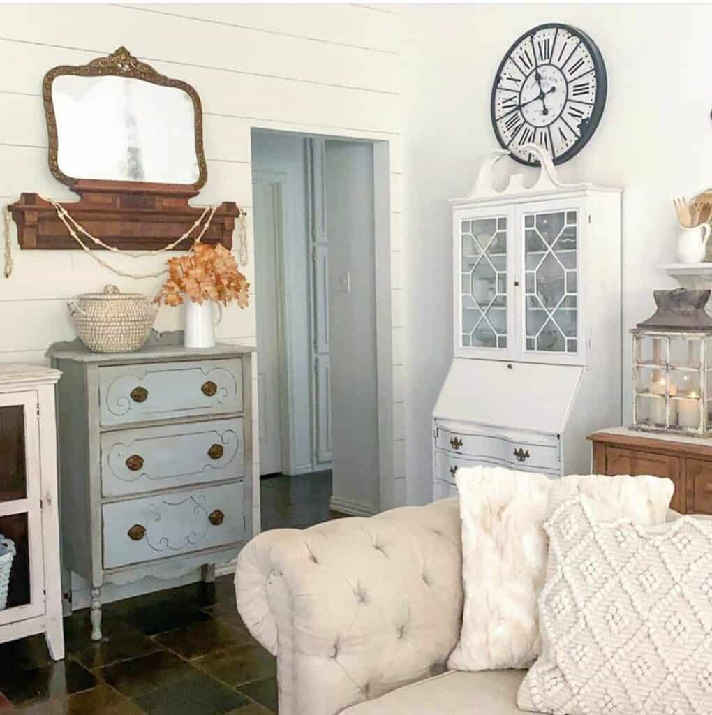 Antiques Furnish Shiplap Living Room