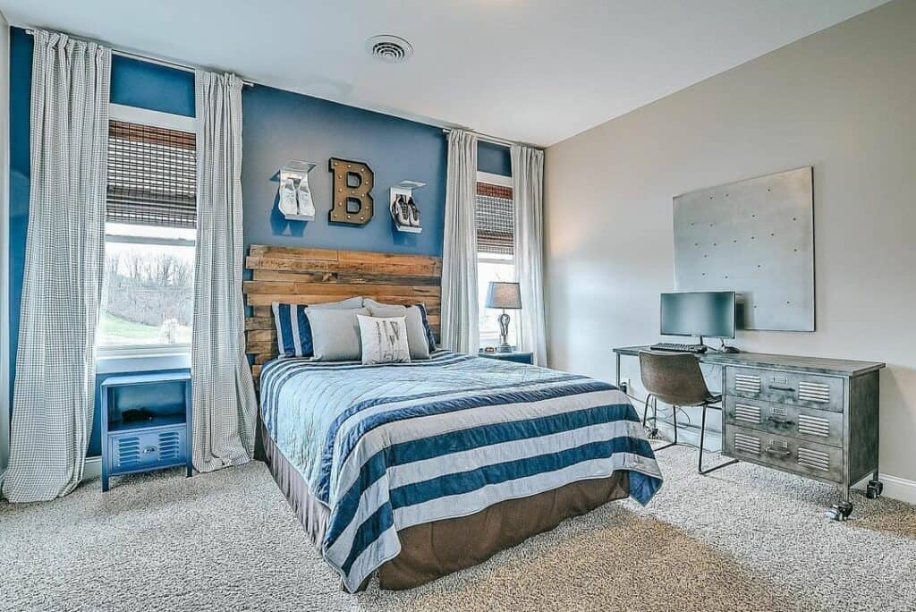 Athletic-Themed Bedroom Blue Accent Wall