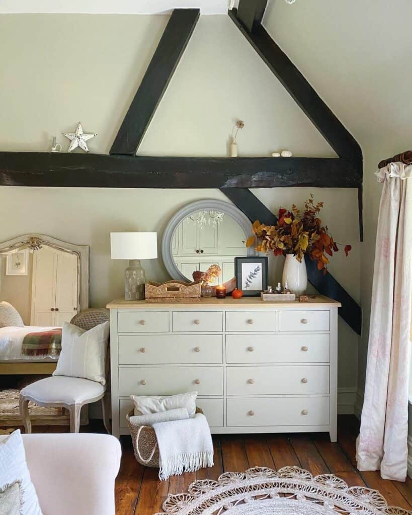 Basket Blanket Storage in Farmhouse Bedroom