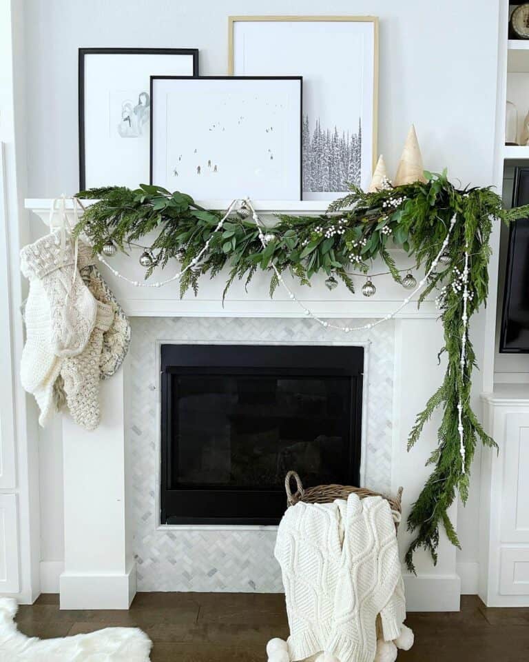 Basketweave Tiled Fireplace with Christmas Garland Mantel