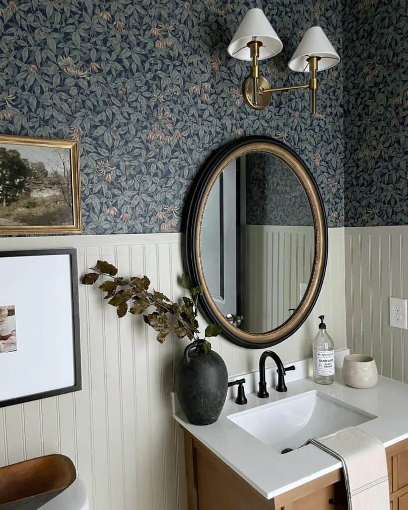 Bathroom Floral Wallpaper with White Beadboard