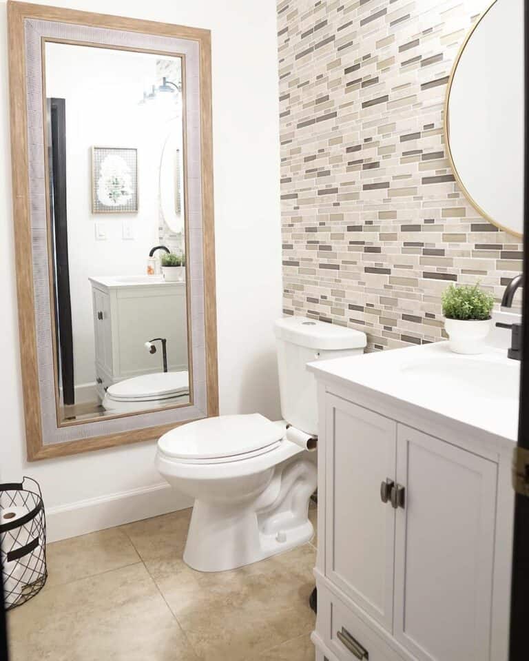 Bathroom With Beige Rectangle Wallpaper