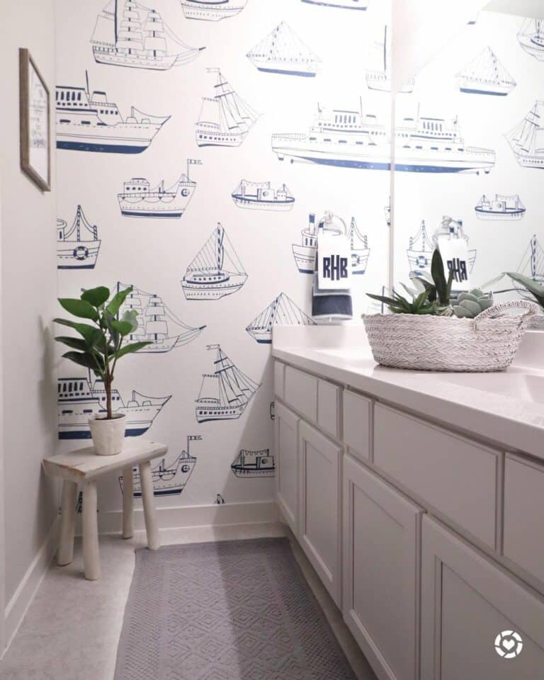 Bathroom With Blue Boat Wallpaper
