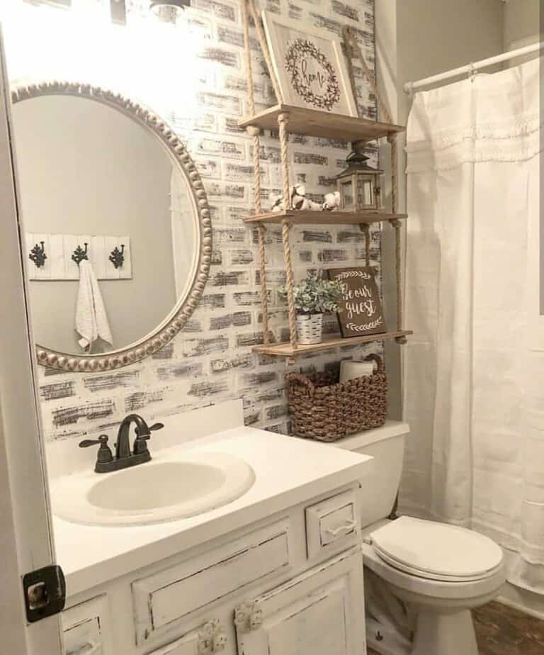 Bathroom With Brick Effect and Hanging Shelves