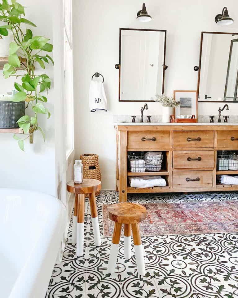 Bathroom With Wood and White Stools