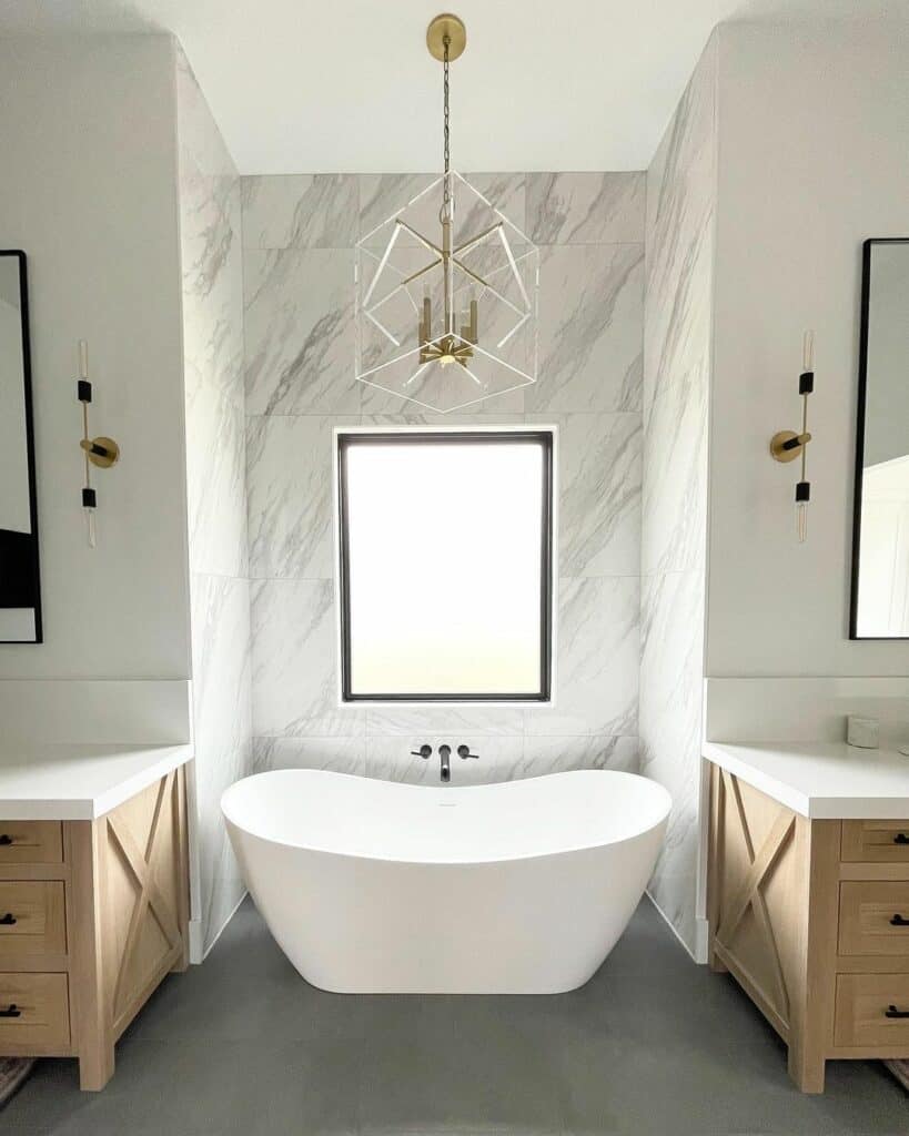 Bathroom with Black and Gold Vanity Lights