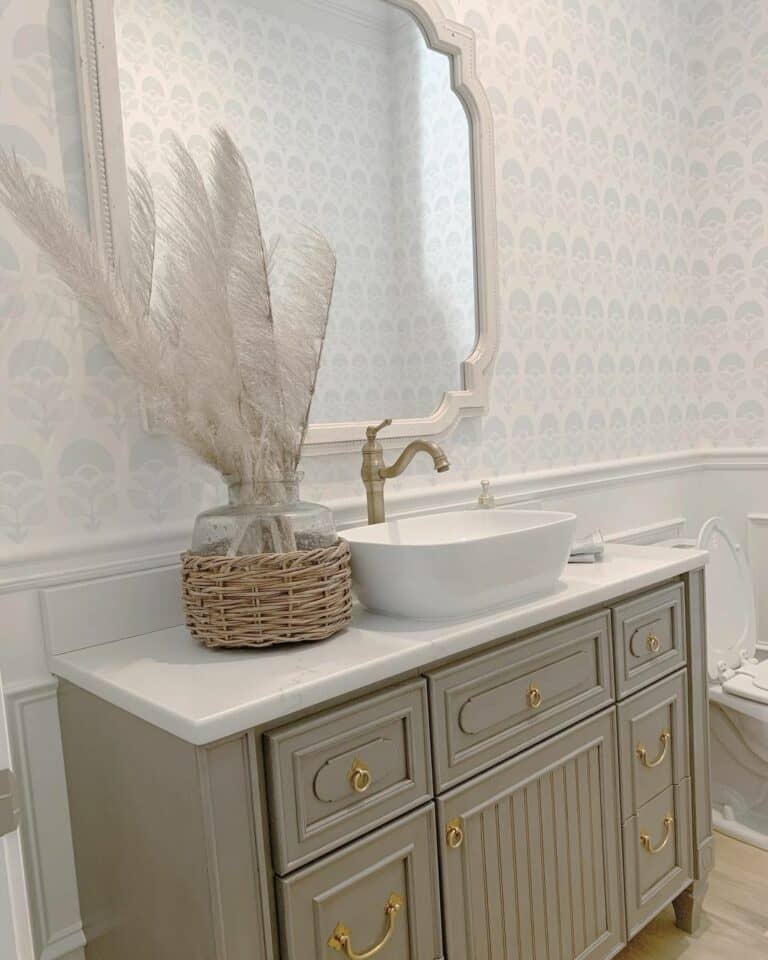 Bathroom with Wallpaper and White Wainscoting