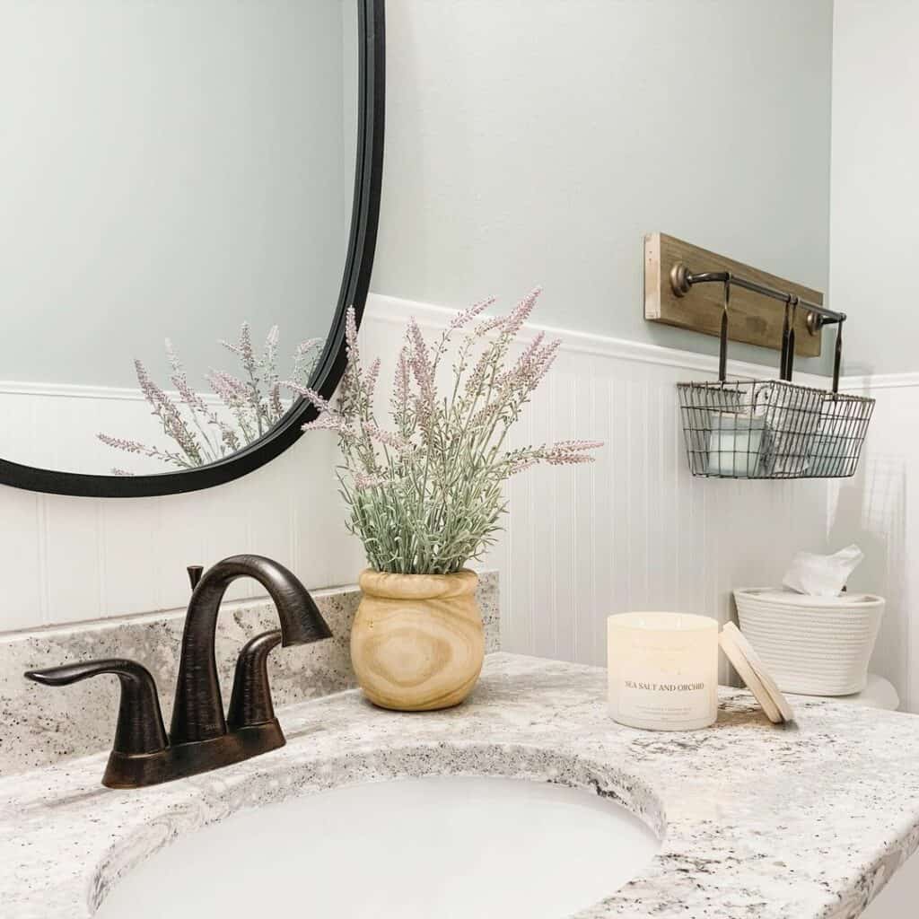 Bathroom with White Beadboard Half Wall