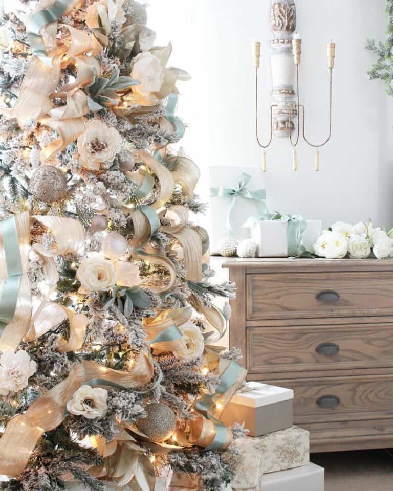 Beautiful Cream and Blue Christmas Tree Ribbon Garland