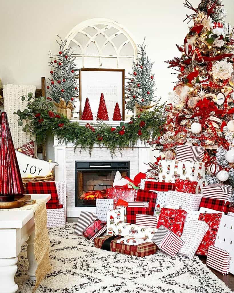 Beautifully Decorated Red and White Plaid Living Room