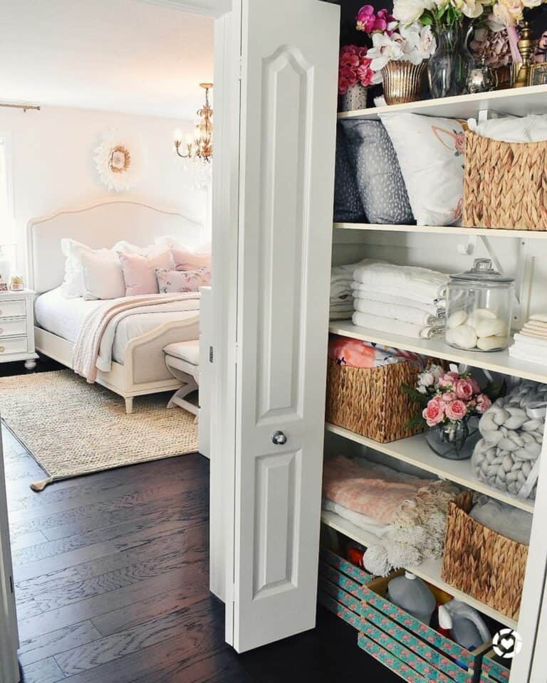 Bedroom Closet with Basket Blanket Storage