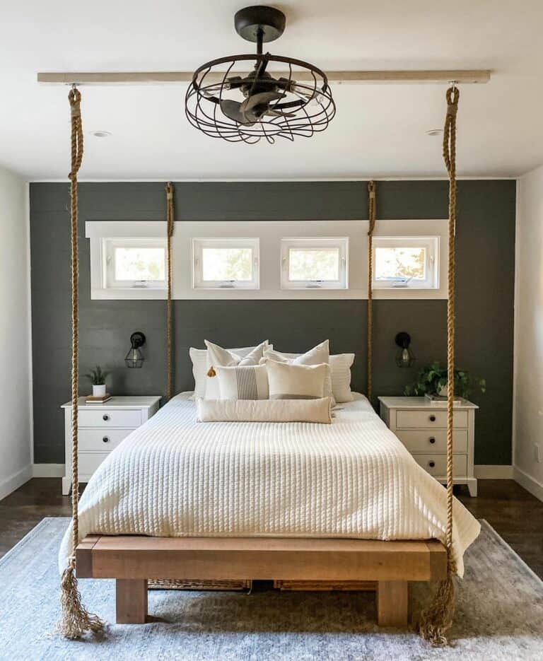 Bedroom With Dark Gray-green Shiplap Accent Wall