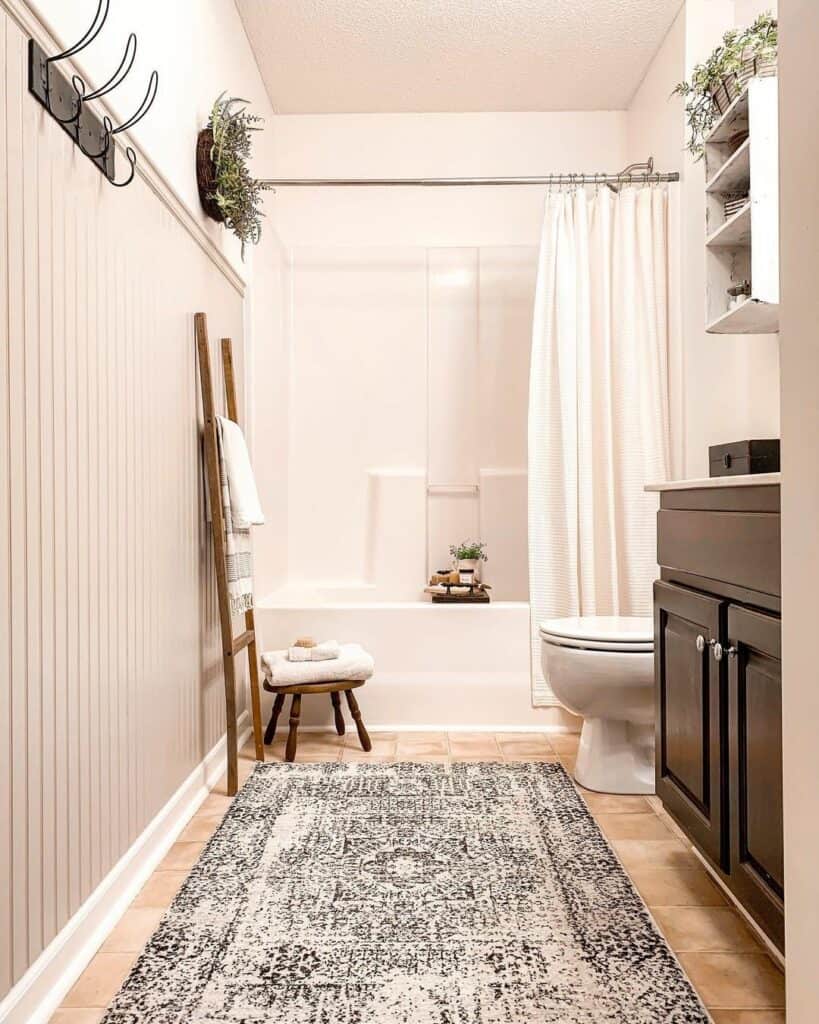 Beige Beadboard Bathroom Wall with Towel Hooks