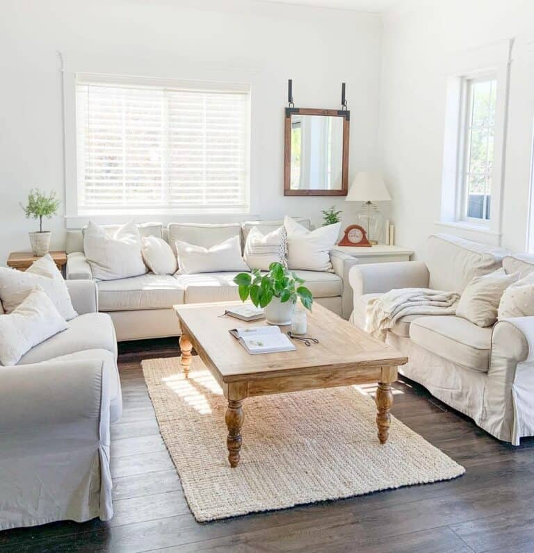 Beige Couches and Rustic Wood Coffee Table