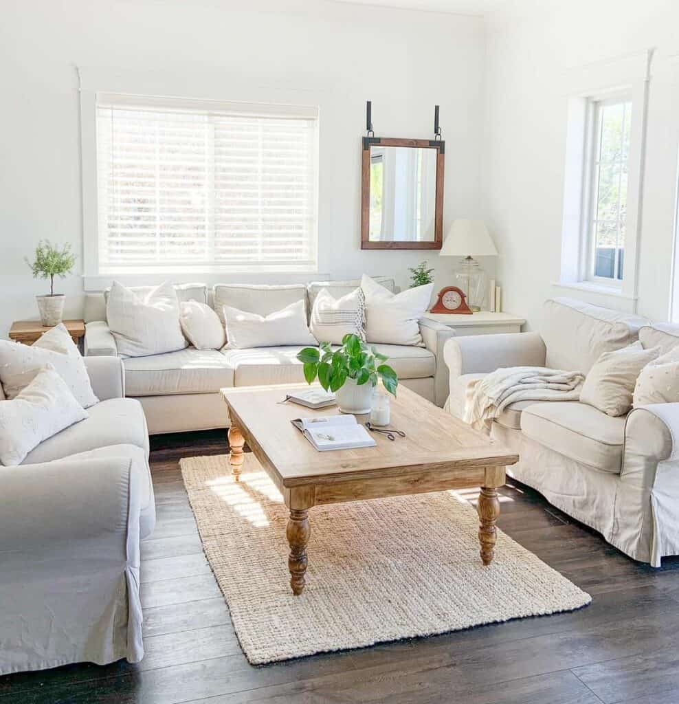 Beige Couches and Rustic Wood Coffee Table - Soul & Lane