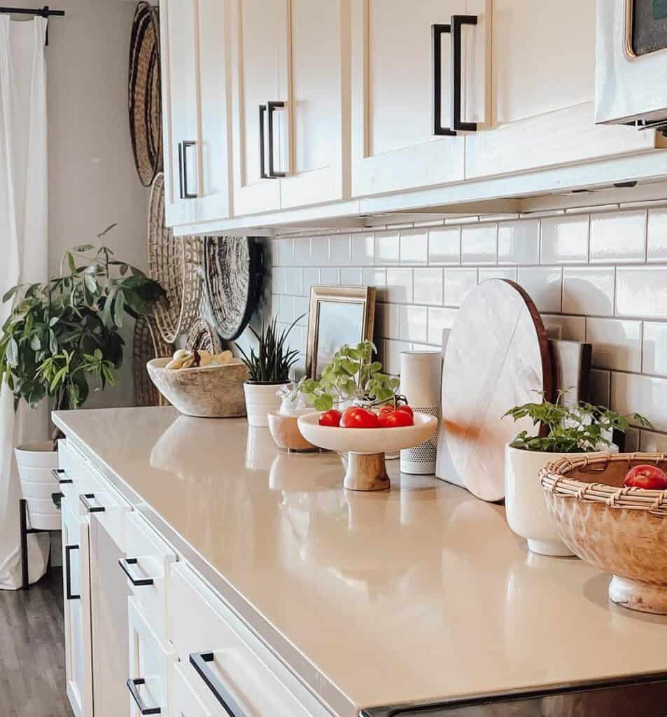 Beige Countertop on White Shaker Cabinets