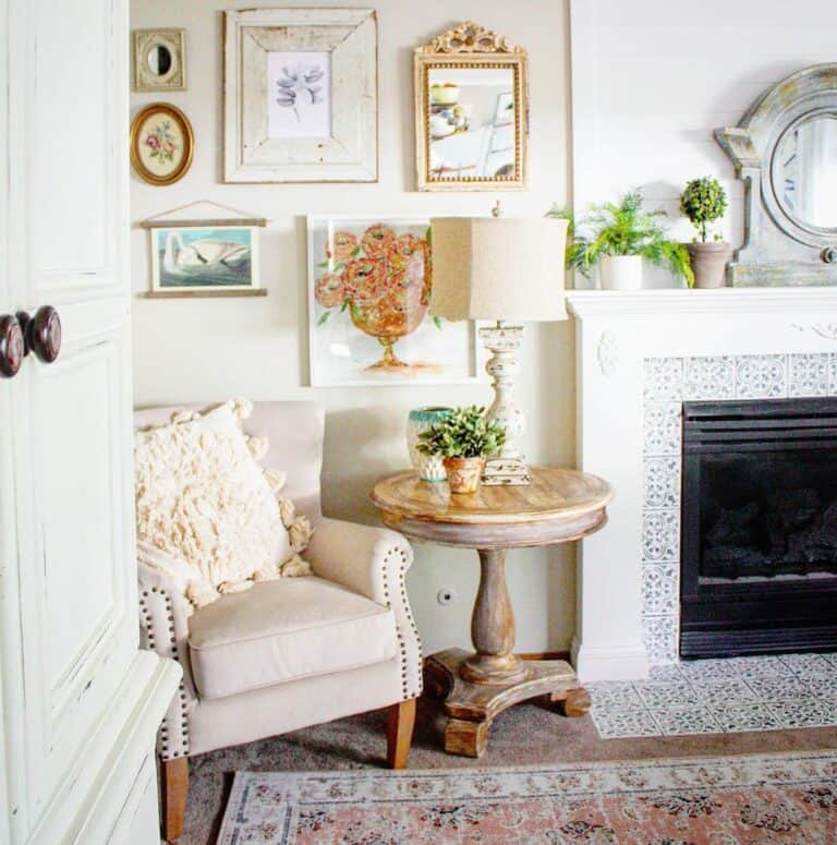Beige Gallery Wall with an End Table