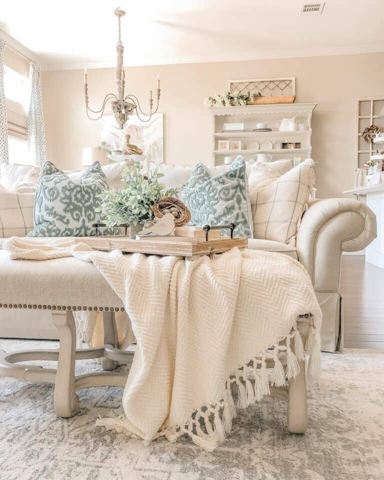 Beige Living Room Couch With Textured Pillows