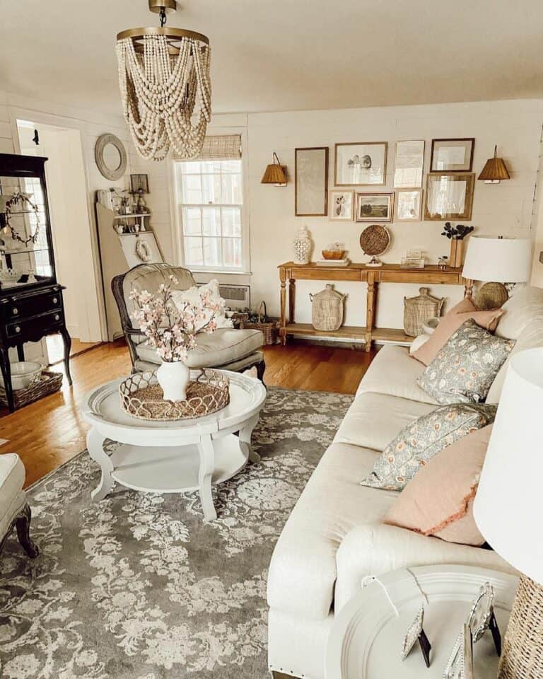 Beige Living Room Ideas with Beaded Chandelier