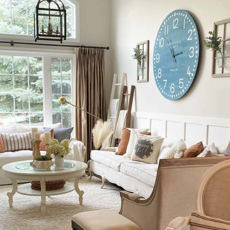 Beige Living Room with Large Wall Clock