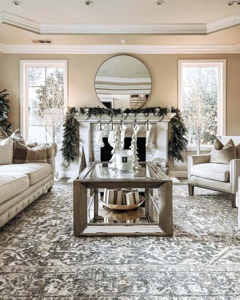 Beige Living Room with Mirrored Coffee Table