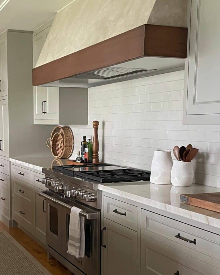 Beige Modern Range Hood With Stained Wood Trim