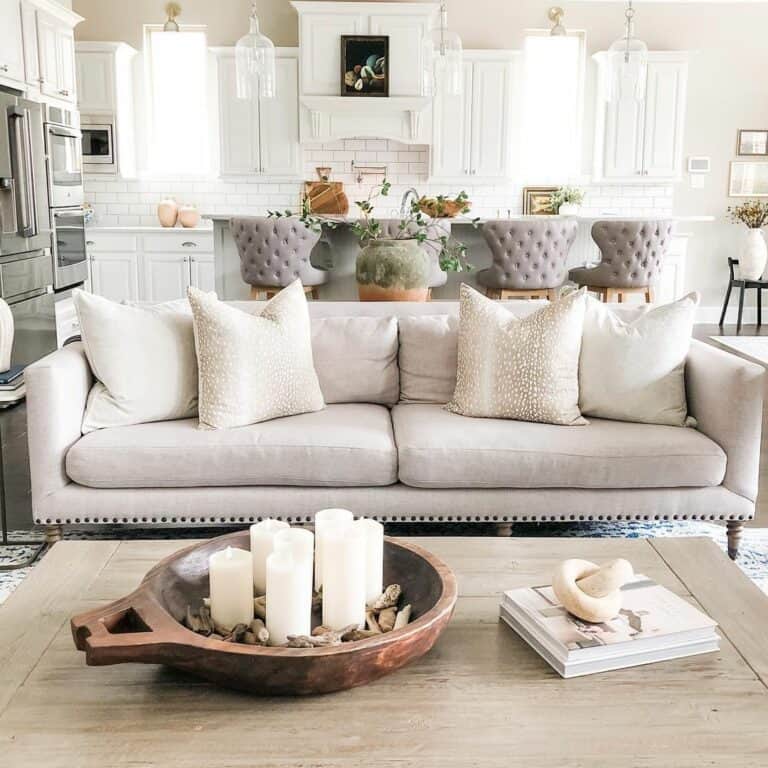 Beige Nailhead Sofa in Farmhouse Living Room