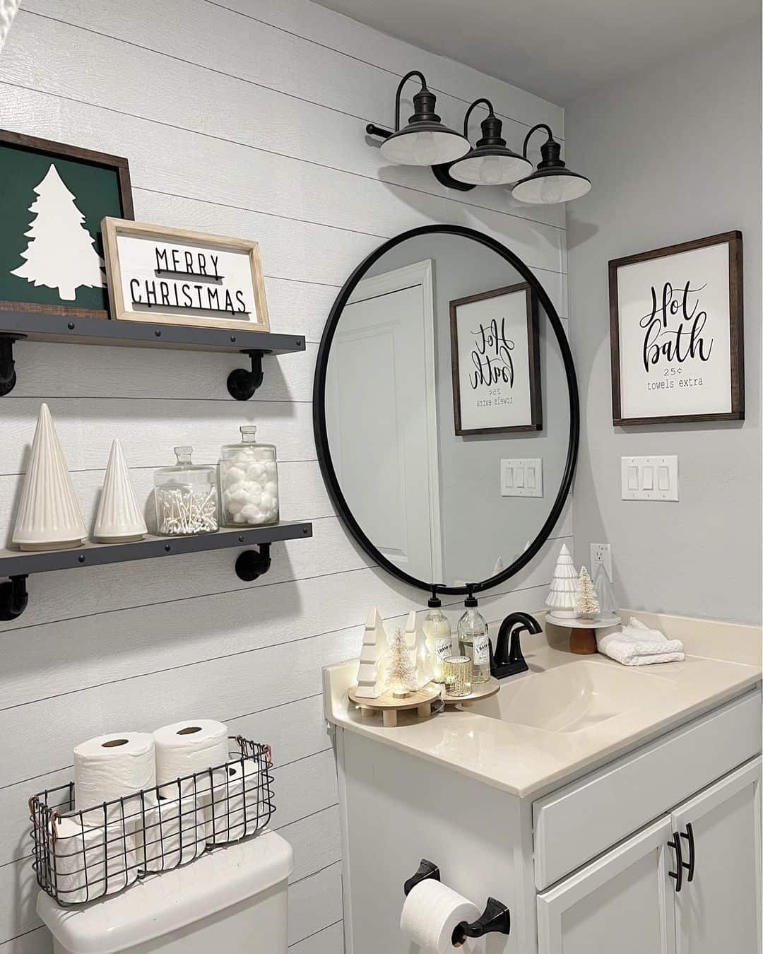 Black Décor on White Shiplap Bathroom Walls - Soul & Lane