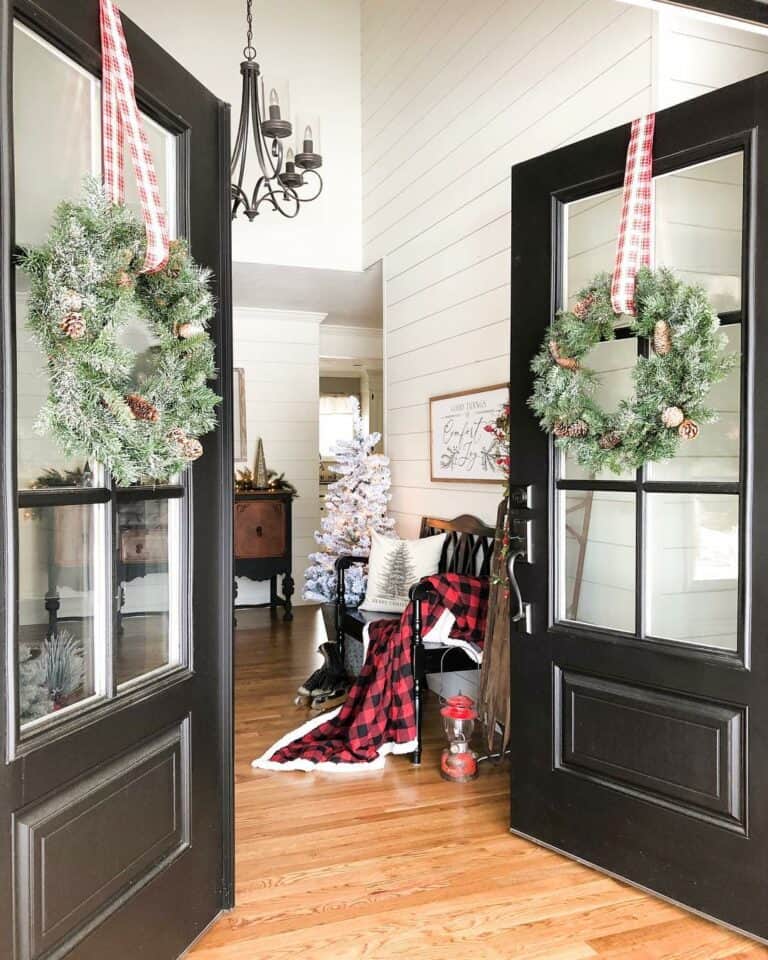 Black Double Doors With Christmas Wreaths