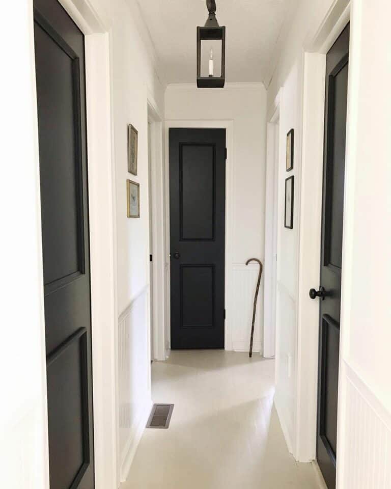 Black Hallway Doors Contrast With White Walls