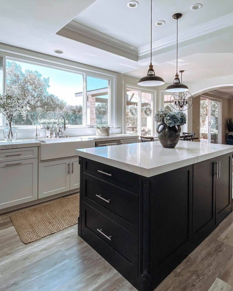 Black Kitchen Island in Bright Kitchen