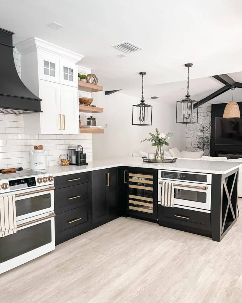 Black Lantern Pendant Lights and Black Lower Cabinets