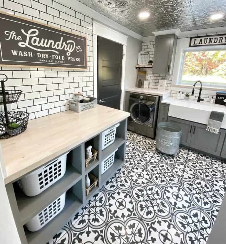 Black Laundry Door with White Trim