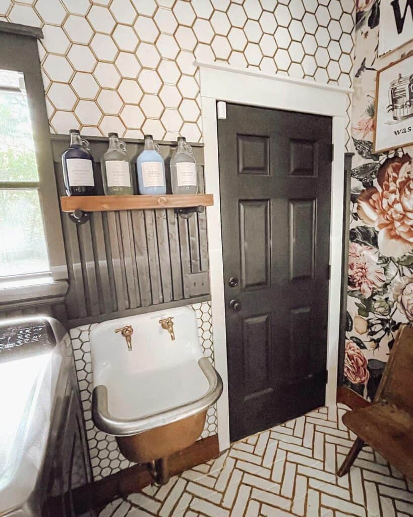 Black Laundry Room Door with White Trim