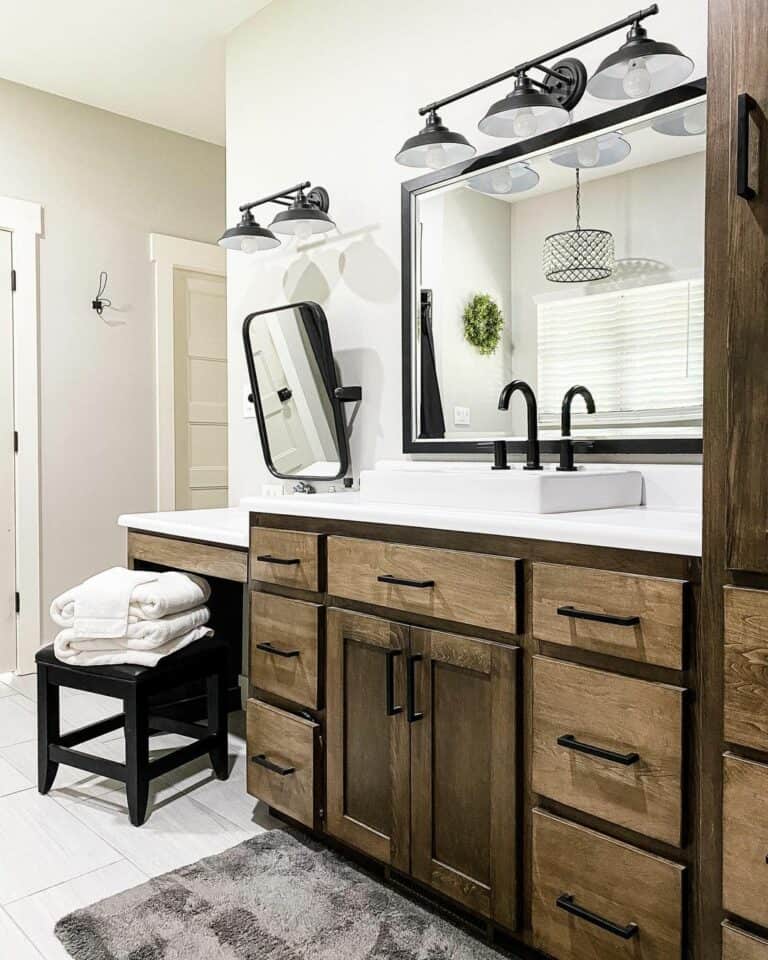 Black Leather and Wood Vanity Stool