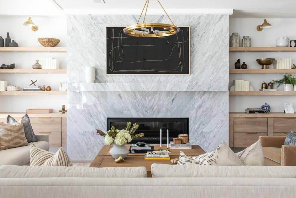 Black Linear Fireplace on a Marble Wall