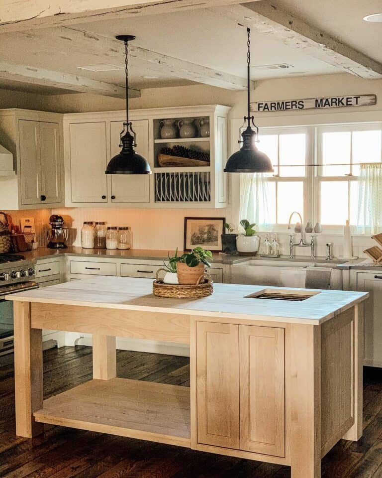 Black Pendant Lights in a Rustic Farmhouse Kitchen