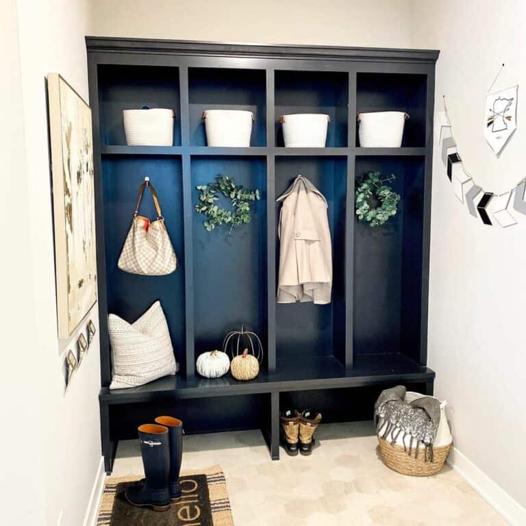 Black Shelving in a Narrow Mudroom