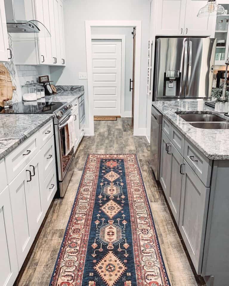 Black and Red Kitchen Runner in Farmhouse Kitchen