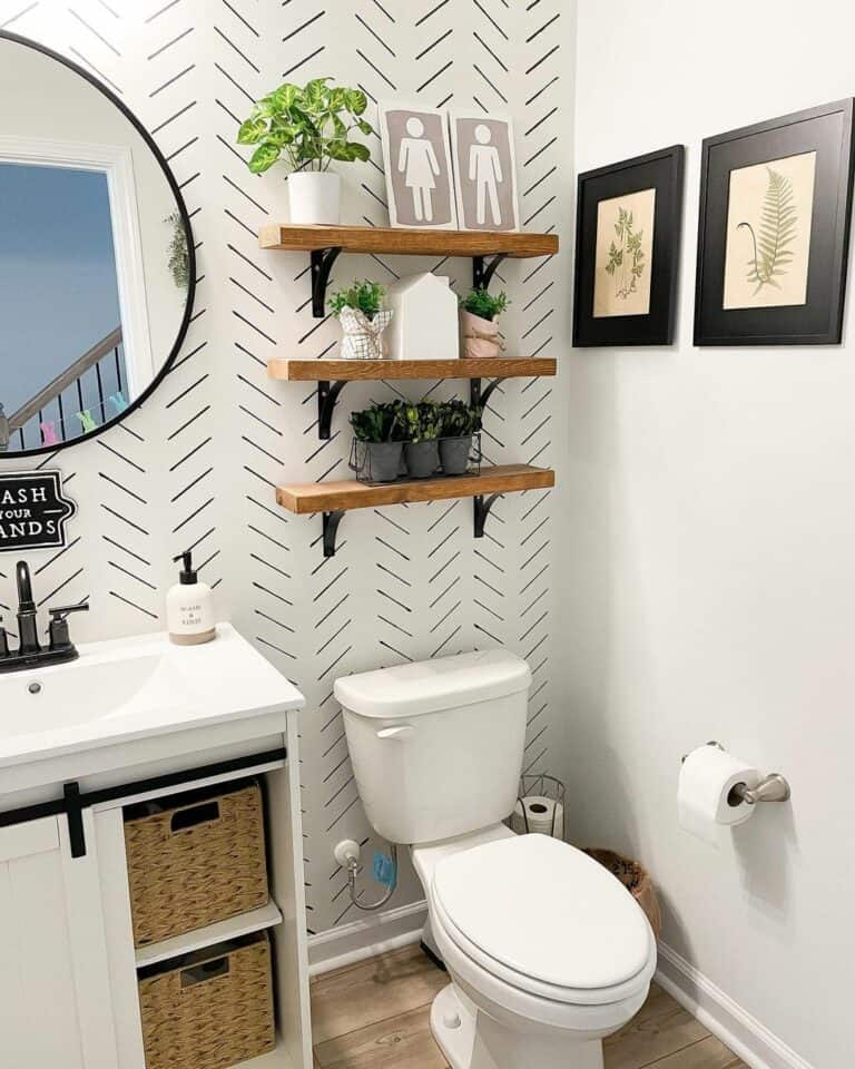 Black and White Bathroom With Accent Wallpaper