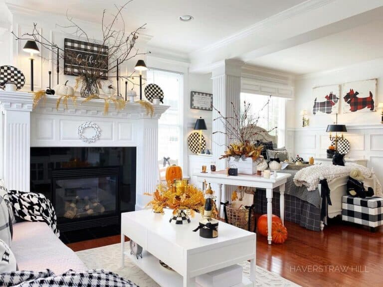 Black and White Decorations on a White Mantel