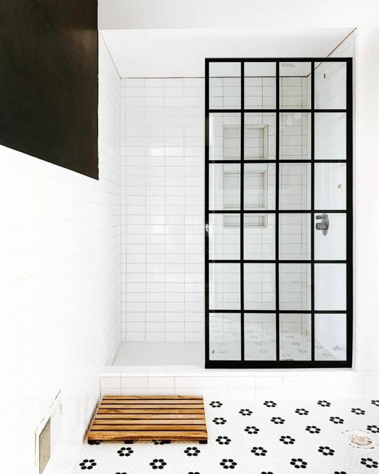 Black and White Doorless Walk-In Shower