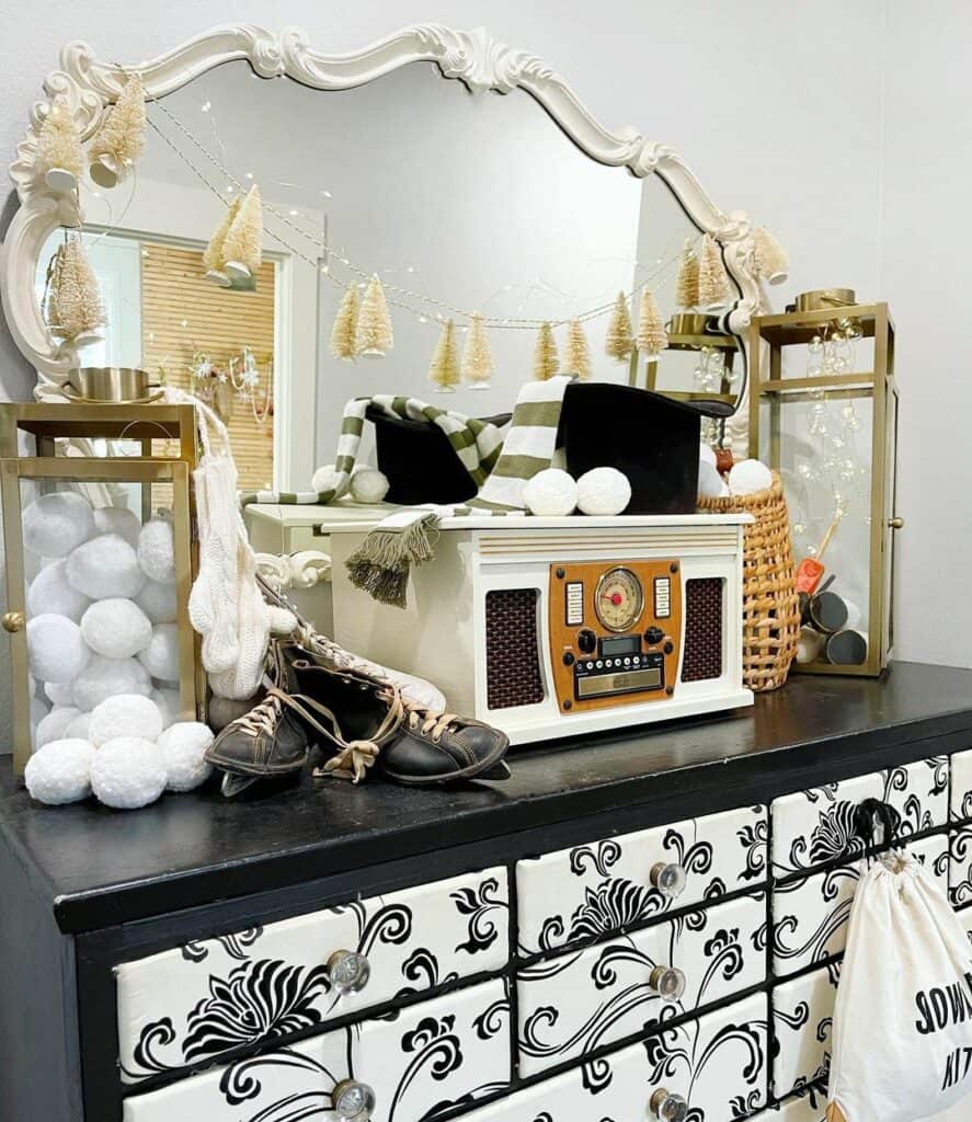 Black and White Dresser with Vintage Christmas Décor