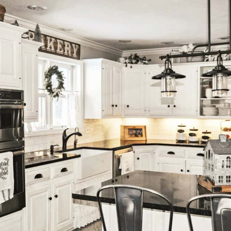Black and White Farmhouse Kitchen With Antique Cabinets