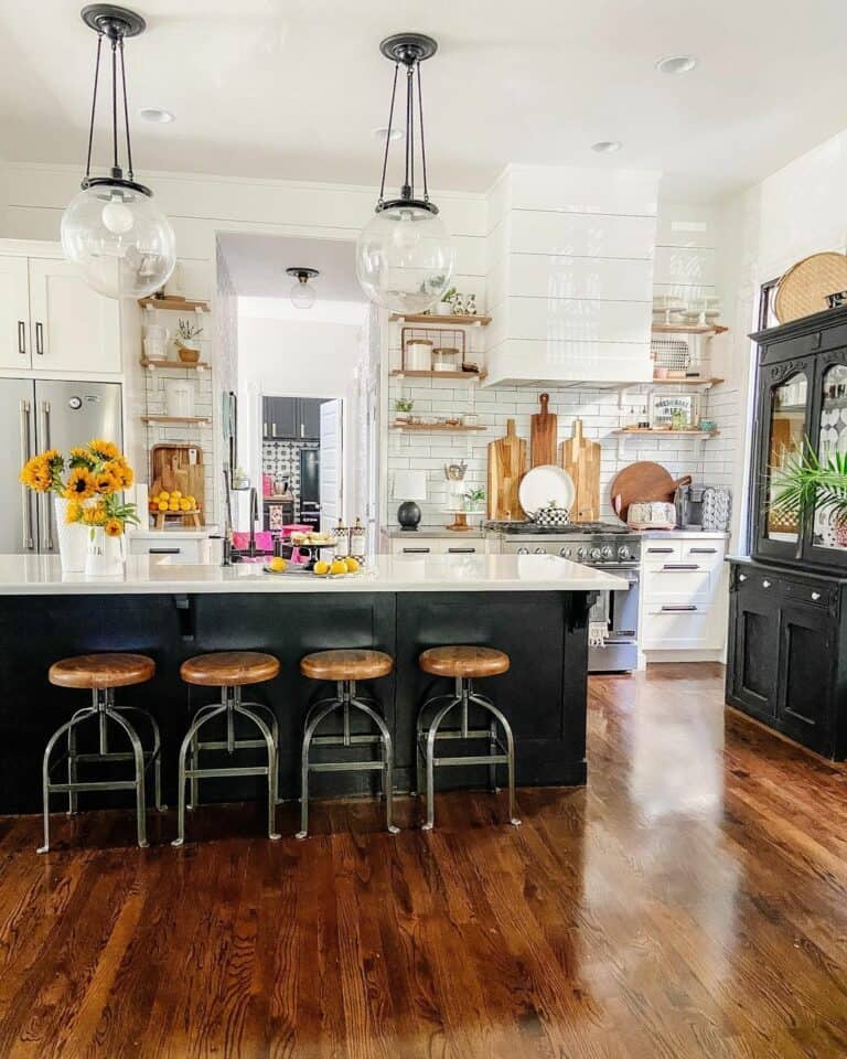 Black and White Kitchen Breakfast Bar Décor With Yellow Accents