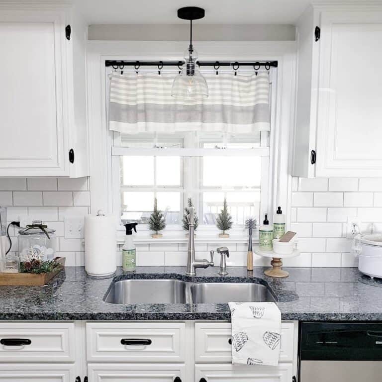 Black and White Kitchen With GrayStriped Window Valance Soul & Lane